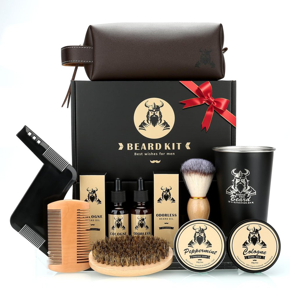 Beard Kit Gifts for Men, Father's Day Birthday Gifts for Men Dad Him, Grooming & Trimming Tool Complete Set, Beard Care Kit with 2 Beard Growth Oil/Balm/Brush/Comb/Shaving Soap/Cup&Storage Bag