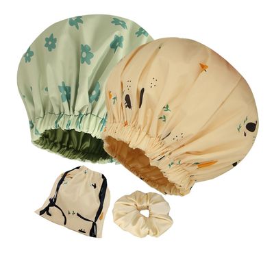 2Pcs Genergy Shower Cap,Adjustable, Large& Reusable &Satin Lined Shower Cap for Women Waterproof, Washable &Double Layers &Reversible Shower Caps(green+yellow flower)