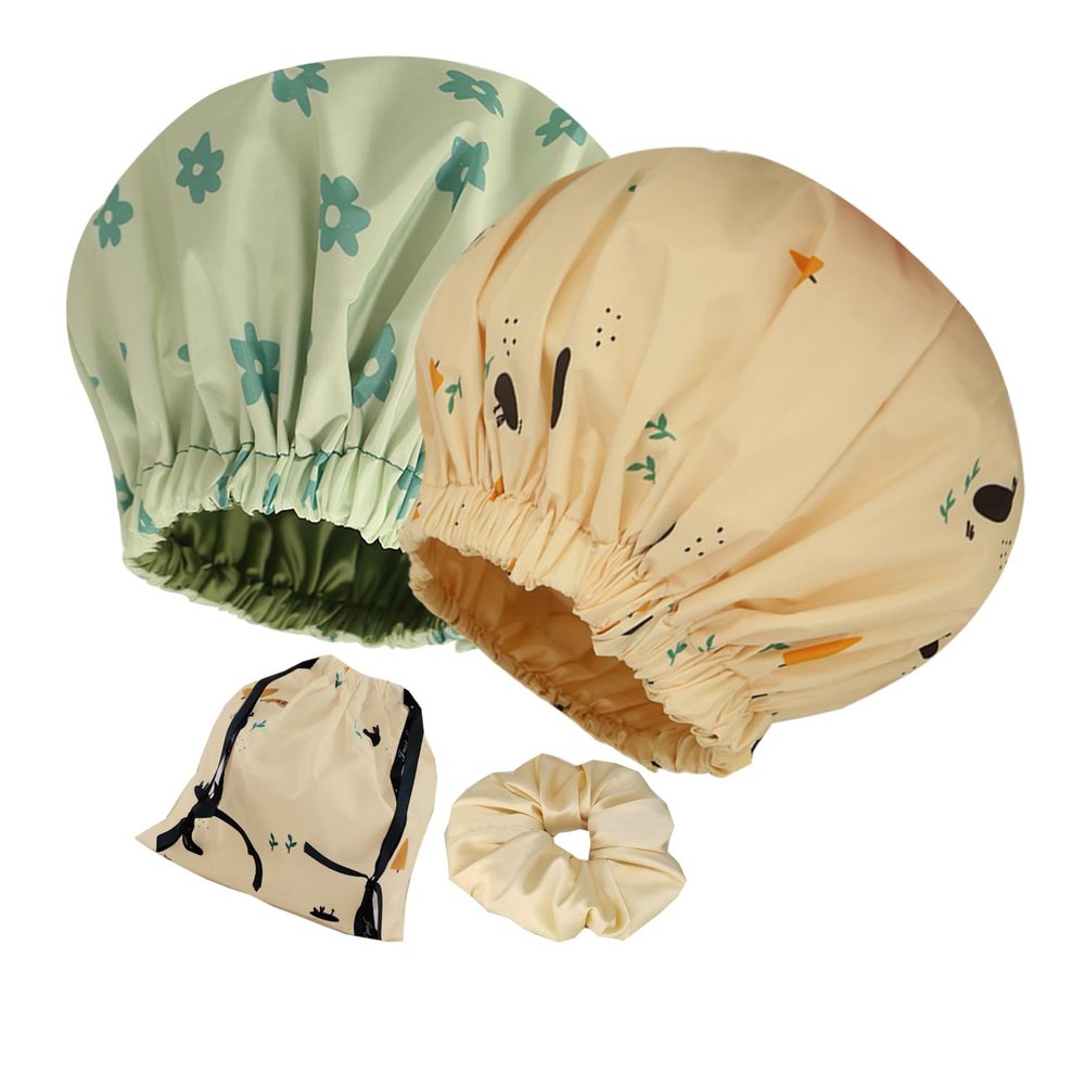 2Pcs Genergy Shower Cap,Adjustable, Large& Reusable &Satin Lined Shower Cap for Women Waterproof, Washable &Double Layers &Reversible Shower Caps(green+yellow flower)