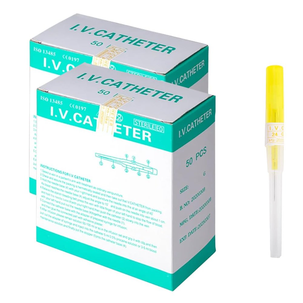 VNisenllc Body Piercing Needles I.V. Catheter Cannula Ear Nose Septum Navel Sterile Piercing Needles Tattoo Tool, 100pcs 24G Yellow