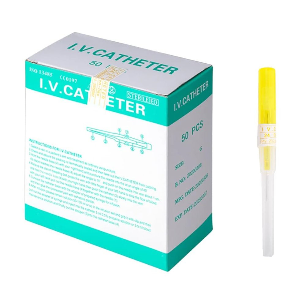 VNisenllc Body Piercing Needles I.V. Catheter Cannula Ear Nose Septum Navel Sterile Piercing Needles Tattoo Tool, 50pcs 24G Yellow