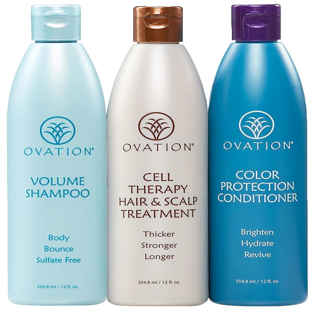 Ovation Hair 3-Step Bundle for Fine, Color-Treated Hair with Volume Shampoo, Cell Therapy Hair Growth & Healthy Scalp Treatment, Color Conditioner - Add Volume & Hydration for Dyed or Bleached Hair