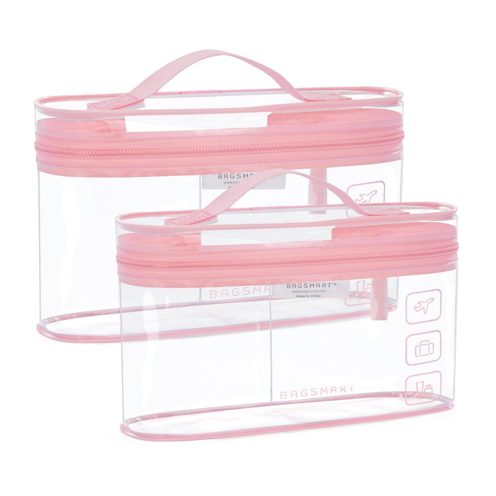 BAGSMART TSA Approved Toiletry Bag, 2 Pack Clear Makeup Cosmetic Bag Organizer, Quart Size Travel Bag for Toiletries, Carry-on Travel Accessories Essentials, Pink-2pcs