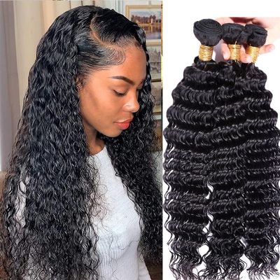12A Deep Wave Bundles Human Hair 18 20 22 Inch Brazilian Deep Wave Curly 3 Bundles Human Hair Wet And Wavy Bundles Natural Black