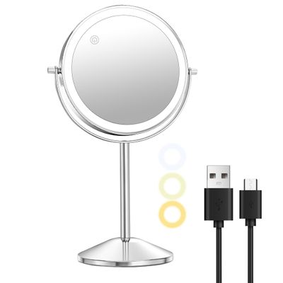 10X Lighted Makeup Mirror with Magnification 8" Stand Up Double Sided Magnifying Mirror with Lights 3 Color Brightness Adjustable Table Light up Mirror 360Swivel Rechargable Light up Mirror