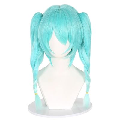 Shqncoh Anime Rabbit Bunny Wig Medium Cyan Gradient with Twin Clip on Braids Party Hair Halloween Cosplay Props Accessory