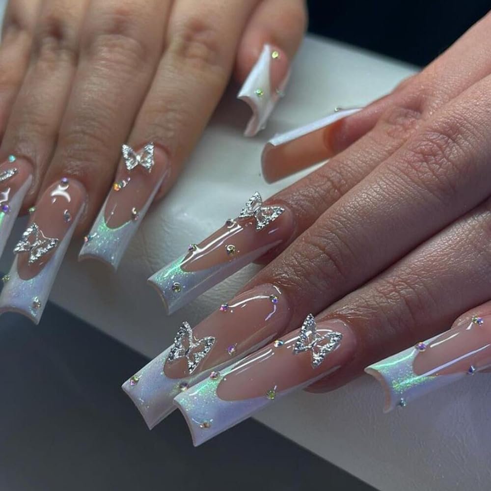 24 Pcs French Tip Press on Nails Long Coffin Fake Nails with Butterfly Design Butterfly Nail Charms Design Acrylic Nails Supply White French Tip False Nails Stick on Nails for Women Girls