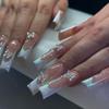 24 Pcs French Tip Press on Nails Long Coffin Fake Nails with Butterfly Design Butterfly Nail Charms Design Acrylic Nails Supply White French Tip False Nails Stick on Nails for Women Girls view 1