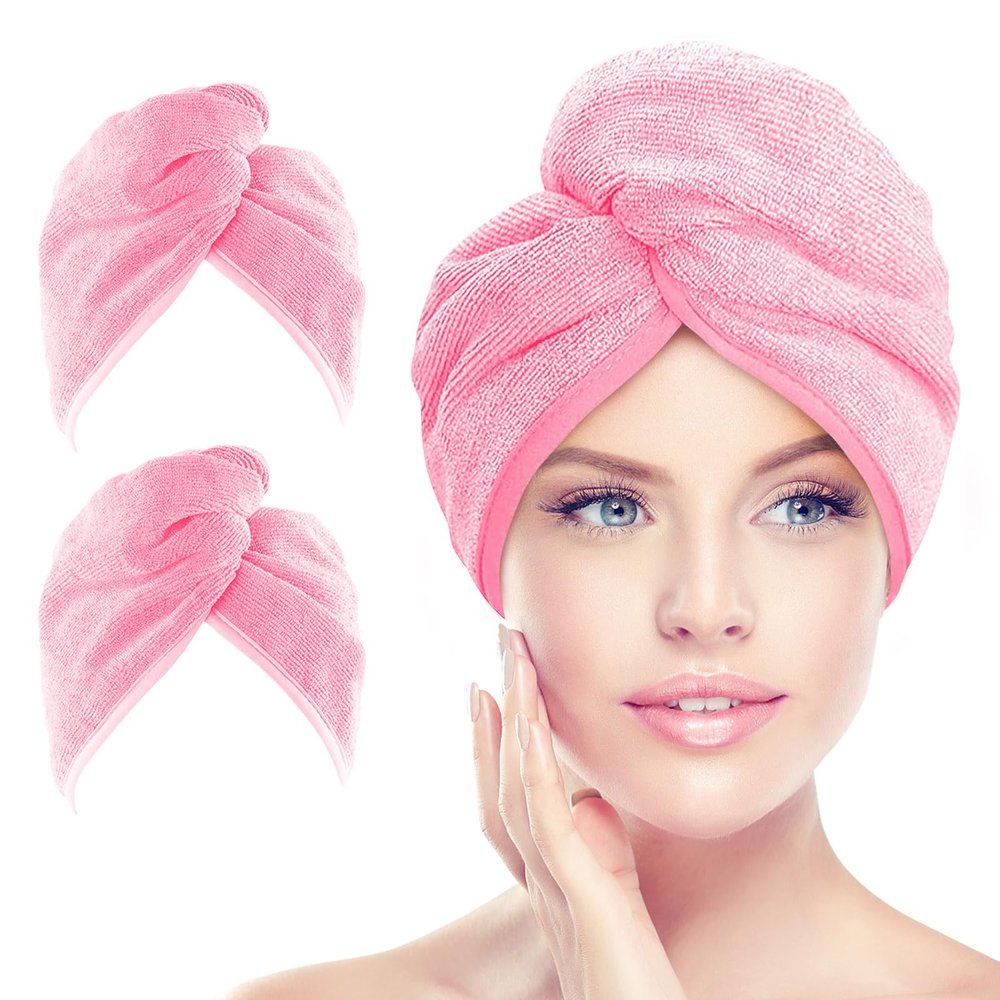 AIDEA Microfiber Hair Towel Wrap, 2 Pack Hair Turbans, Super Absorbent Quick Dry Hair Towel Wrap for All Hair Types Anti Frizz, 26"10", Pink