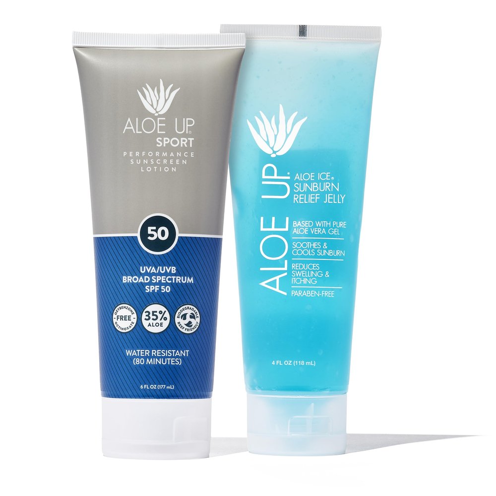 Aloe Up Sport Sunscreen Lotion SPF 50 and Aloe Ice Sunburn Relief Jelly - Bundle with Sun Screen Protector for Face and Body and After Sun Gel - With Pure Aloe Vera Gel - Reef Friendly - 2 Items