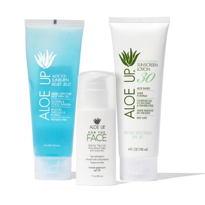 Aloe Up Aloe Ice Sunburn Relief Jelly, SPF 25 For the Face Daily Moisturizer Sunscreen, and White Collection Sunscreen Lotion SPF 30 - Bundle with Sunscreen and After Sun Gel - Reef Friendly - 3 Items