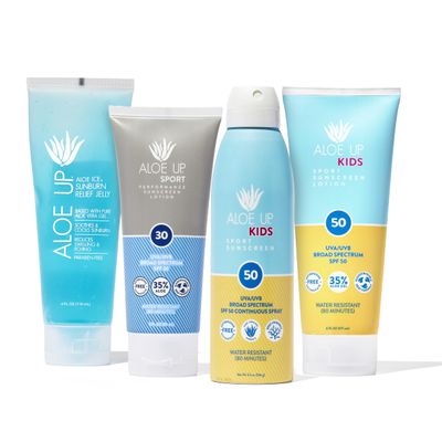 ALOE UP Aloe Ice Sunburn Relief Jelly, Kids Sport Sunscreen Lotion SPF 50, Kids Sport Sunscreen Spray SPF 50, and Sport Sunscreen Lotion SPF 30 - Suncare Bundle - Reef Friendly - 4 Items