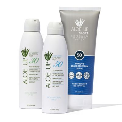 Aloe Up White Collection Sunscreen Spray SPF 50, White Collection Sunscreen Spray SPF 30, and Sport Sunscreen Lotion SPF 50 - Bundle with Face and Body Sunscreen Protector - Reef Friendly - 3 Items