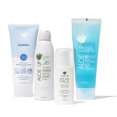 ALOE UP Suncare Bundle - Mineral Sunscreen Lotion SPF 50, White Collection Sunscreen Spray SPF 30, Aloe Ice Sunburn Relief Jelly, SPF 25 Daily Moisturizer - 4 Items