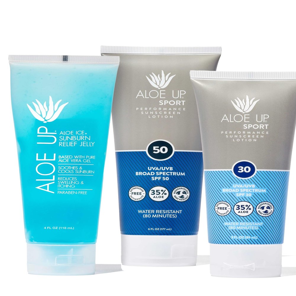 ALOE UP Aloe Ice Sunburn Relief Jelly, Sport Sunscreen Lotion SPF 50 and Sport Sunscreen Lotion SPF 30 - Suncare Bundle - Reef Friendly - 3 Items