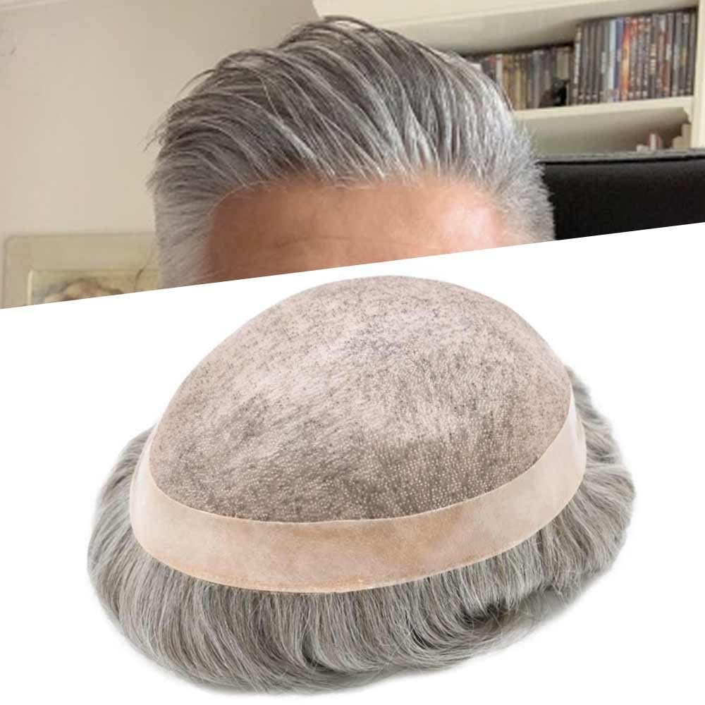 Curve Hair Mens Toupee Hair System Replacement for Men Hairpiece Monofilament Mens Wig Durable Poly Skin NPU Around Hair Unit for Men 8X10#580 Light-Med Brown+80% Gray