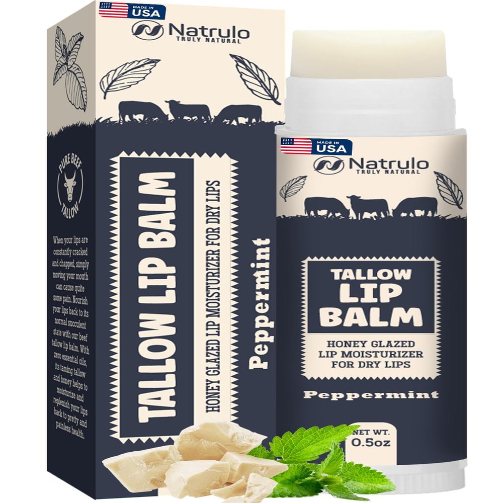 Beef Tallow Lip Balm Natural Tallow Beeswax Chapstick Hydrating Moisturizer Grass Fed Bison Tallow Balm Lip Care Soothes Chapped, Dry Lips, Sensitive Skin Long Lasting & Vitamin Rich USA-Made