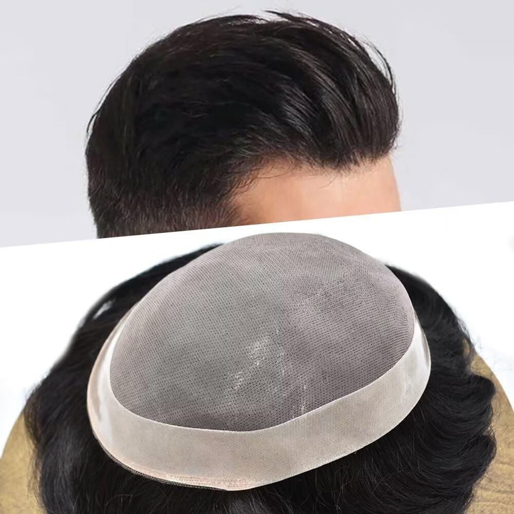 Hair System For Men Toupee Human Hair Piece Fine Mono Lace Mens Toupee Poly Coat Around Natural Hairline Durable Hairpiece For Men Monofilament Wigs 6"x8" #2 Darkest Brown