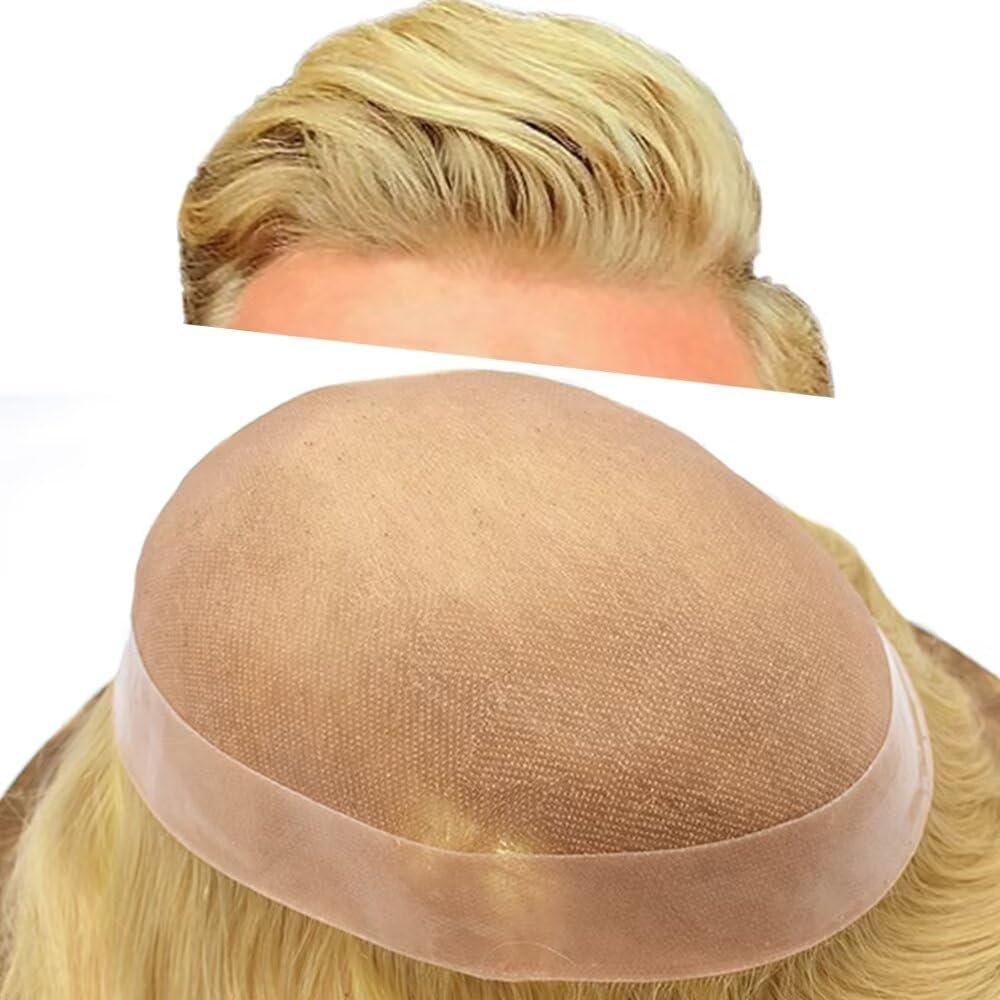 Hair System For Men Toupee Human Hair Piece Fine Mono Lace Mens Toupee Poly Coat Around Natural Hairline Durable Hairpiece For Men Monofilament Wigs 7"x9" #20 light ash blonde