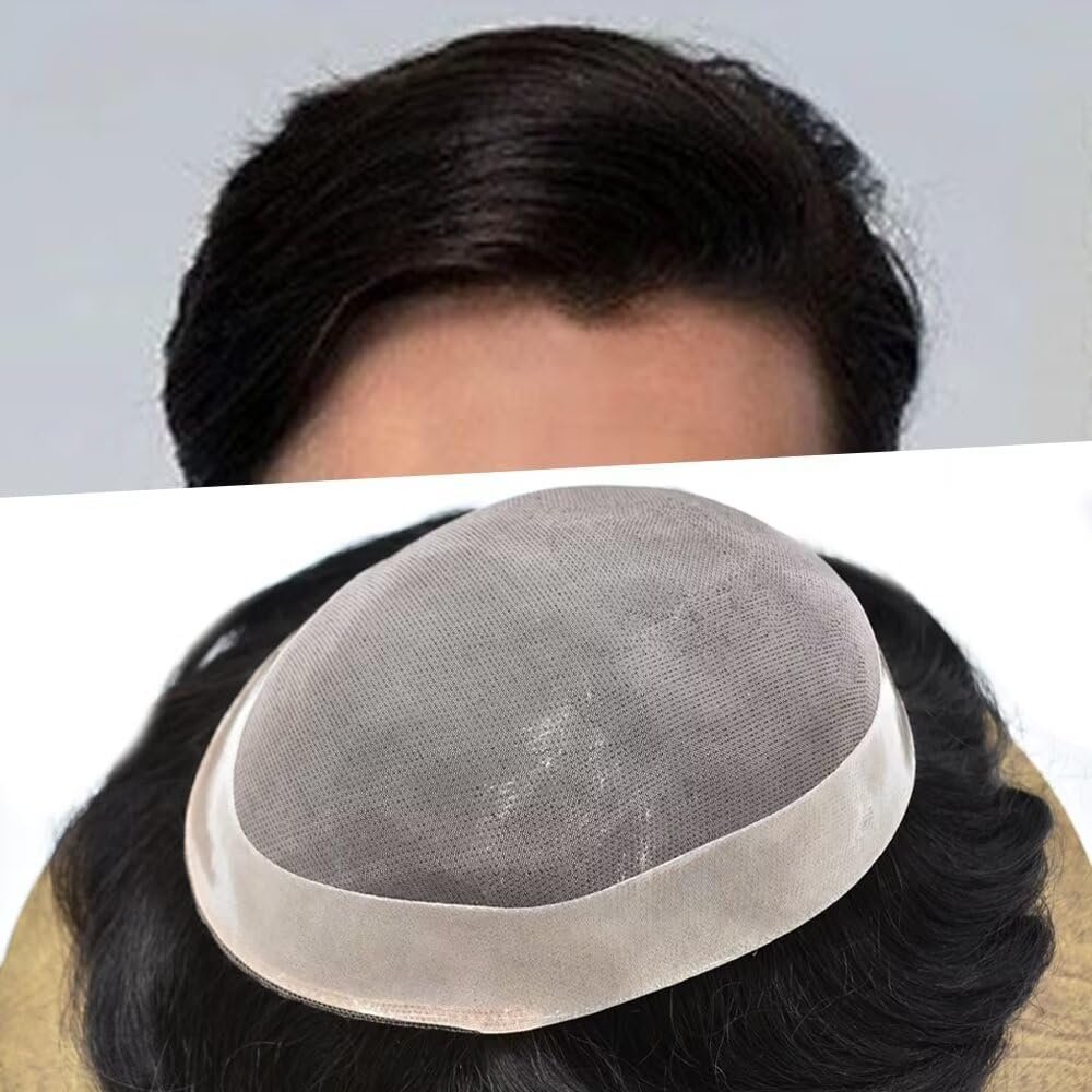 Hair System For Men Toupee Human Hair Piece Fine Mono Lace Mens Toupee Poly Coat Around Natural Hairline Durable Hairpiece For Men Monofilament Wigs 8"x10" #210 Darkest Brown With 10% Gray