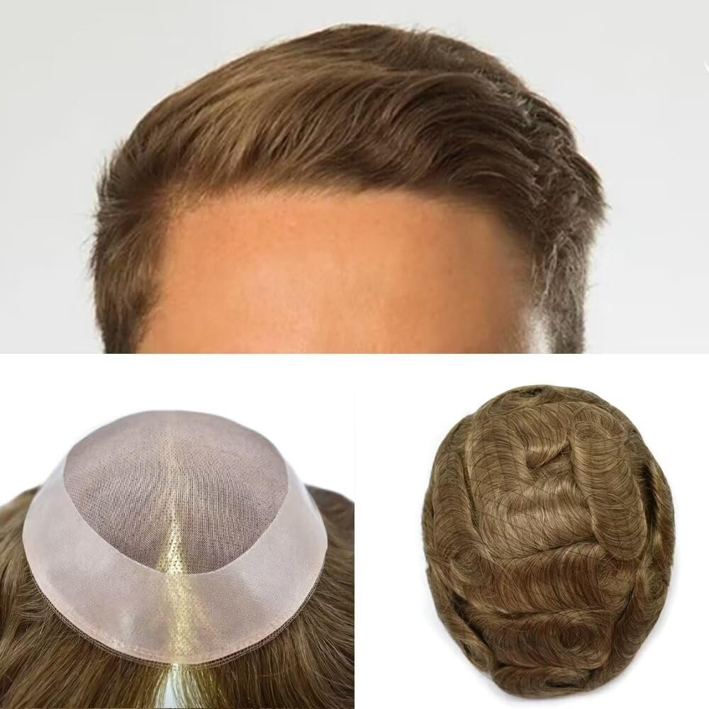 Hair System For Men Toupee Human Hair Piece Fine Mono Lace Mens Toupee Poly Coat Around Natural Hairline Durable Hairpiece For Men Monofilament Wigs 8"x10" #17R Brown/Blonde Mix Warm Tone