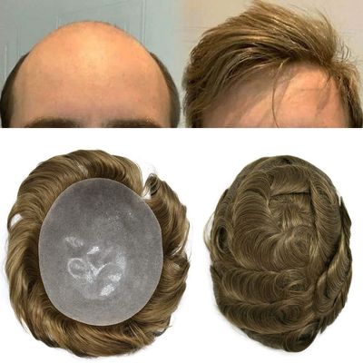 Hair Wonders Mens Toupee Human Hair Replacement Systems For Men Poly Skin Toupee For Men Hair Pieces 0.1MM Men Hair System Hairpiece For Men8X10 100% light to medium density#20R Light Warm Blonde