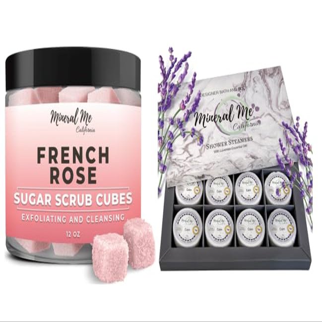 Body Scrub Exfoliator - 12oz FRENCH ROSE Sugar scrub cubes w/Mango Butter & Shea butter, Shower Steamers Aromatherapy - Lavender Shower Steamers with Organic Essential Oils for Vaporizing Steam Spa