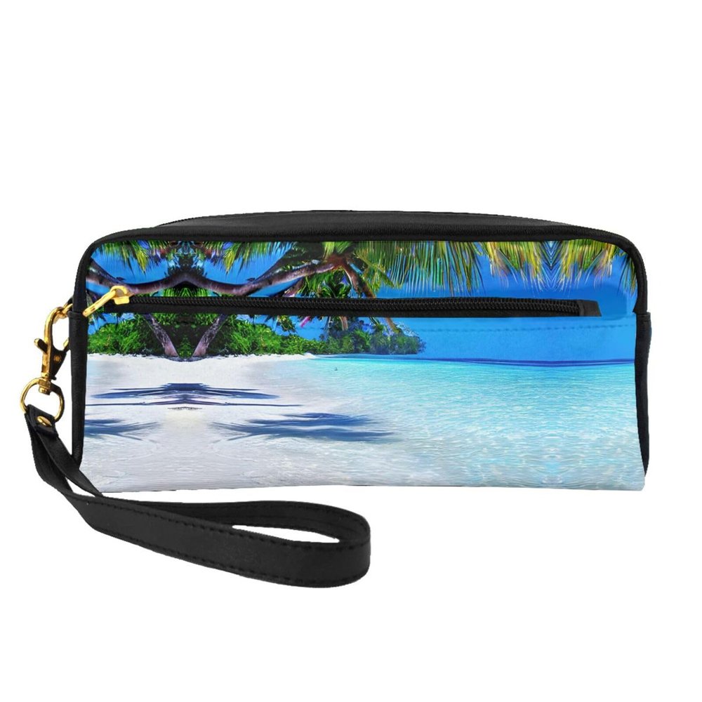 FRESQA Tropical White Sand Beach And Ocean Print Portable Mini Makeup Bag,Versatile And Compact,Perfect For Your Essentials