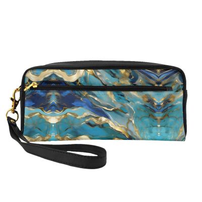 FRESQA Azurite Teal And Foil Gold Oil Marble Pattern Print Portable Mini Makeup Bag,Versatile And Compact,Perfect For Your Essentials