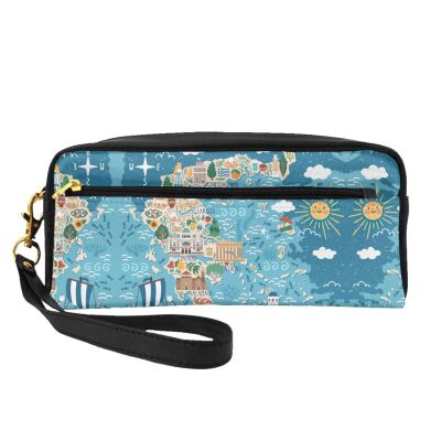 ZISHAK Greece Map Print Portable Makeup Bag,Travel-Friendly Design,Versatile Mini Makeup Pouchtion