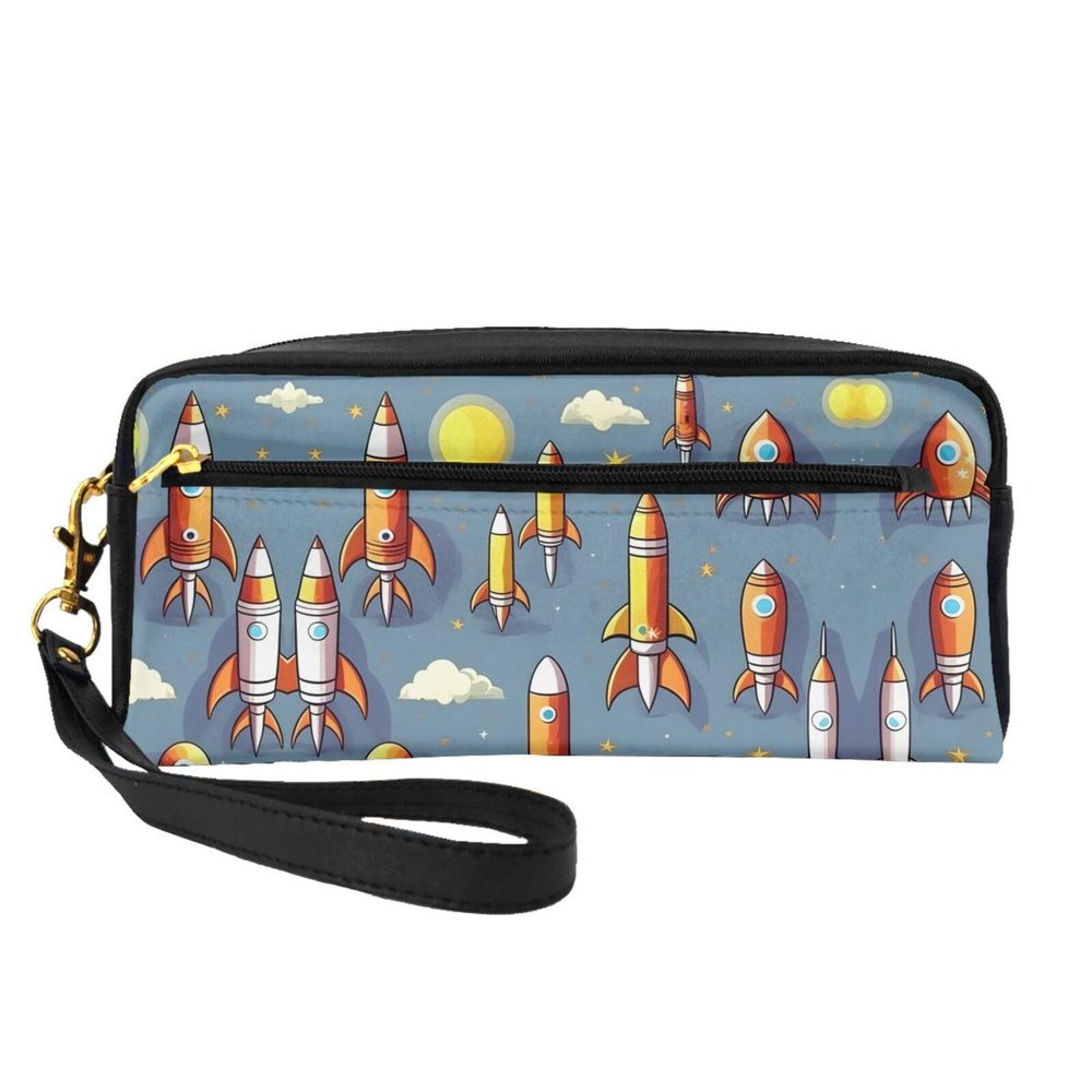 SSIMOO Cartoon Rocket Print Travel Makeup Bag For On-The-Go Style For Storing Cosmetics And Beauty Essentials
