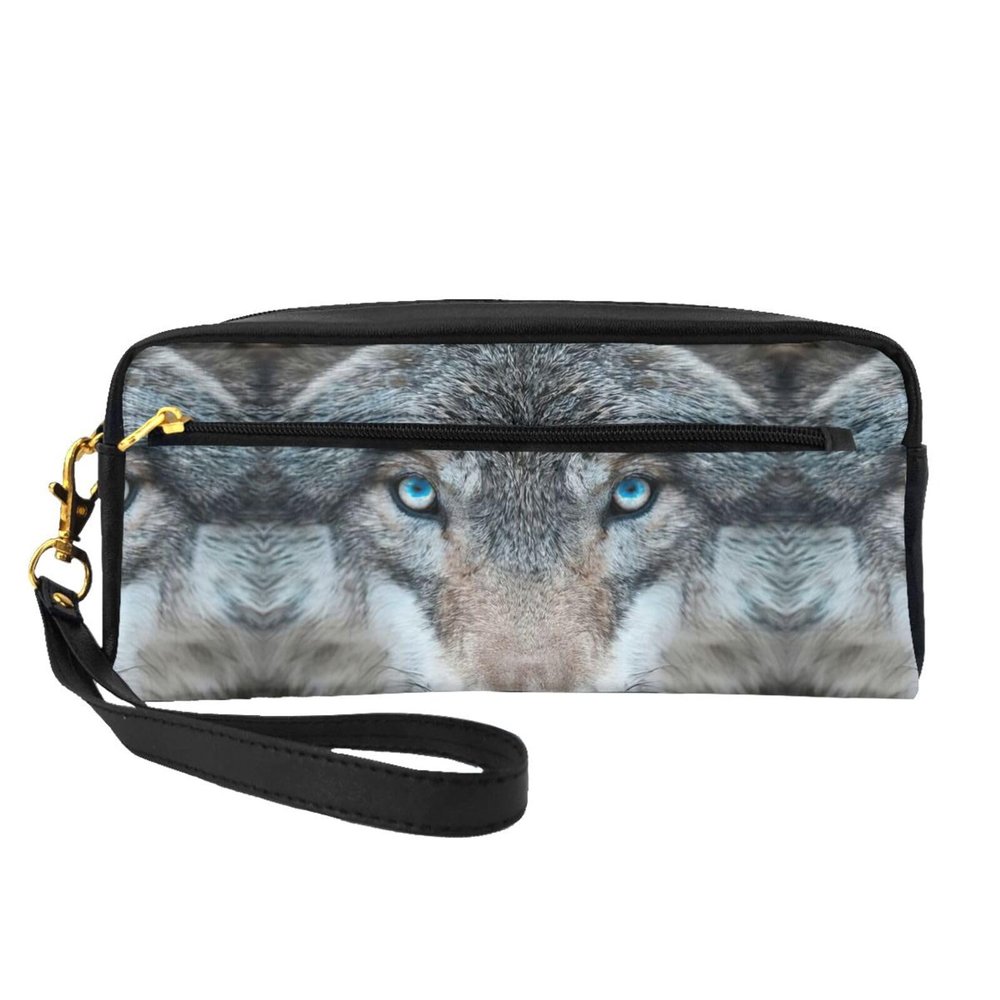 ZISHAK Blue Eyes Wolf Print Portable Makeup Bag,Travel-Friendly Design,Versatile Mini Makeup Pouchtion
