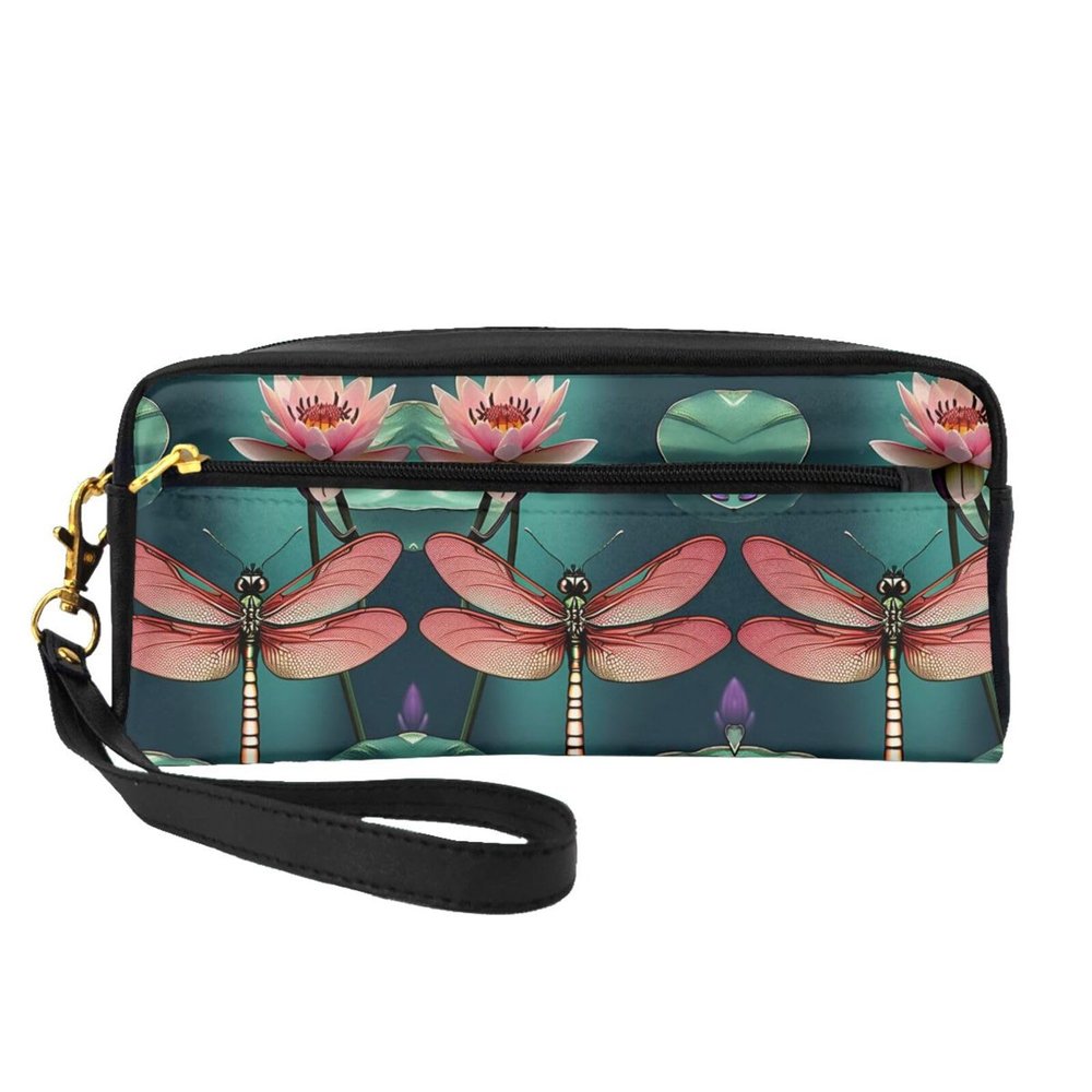 SSIMOO Dragonfly With Water Lily Print Travel Makeup Bag For On-The-Go Style For Storing Cosmetics And Beauty Essentials