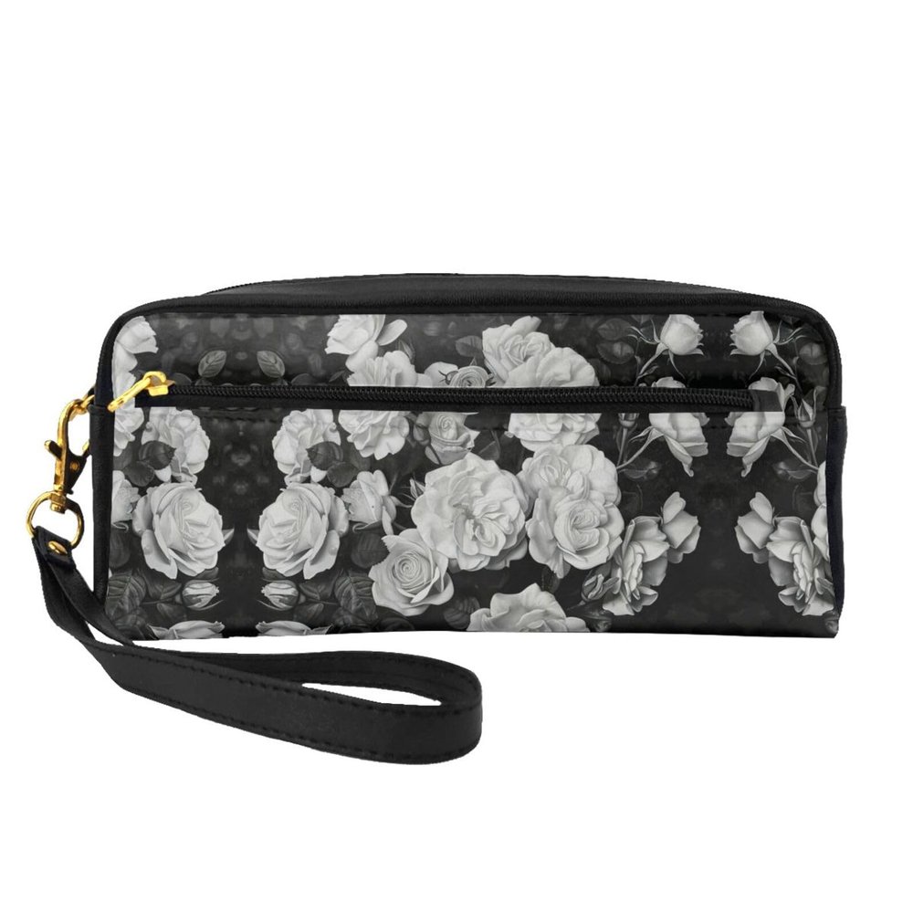 ZISHAK Black White Rose Print Portable Makeup Bag,Travel-Friendly Design,Versatile Mini Makeup Pouchtion