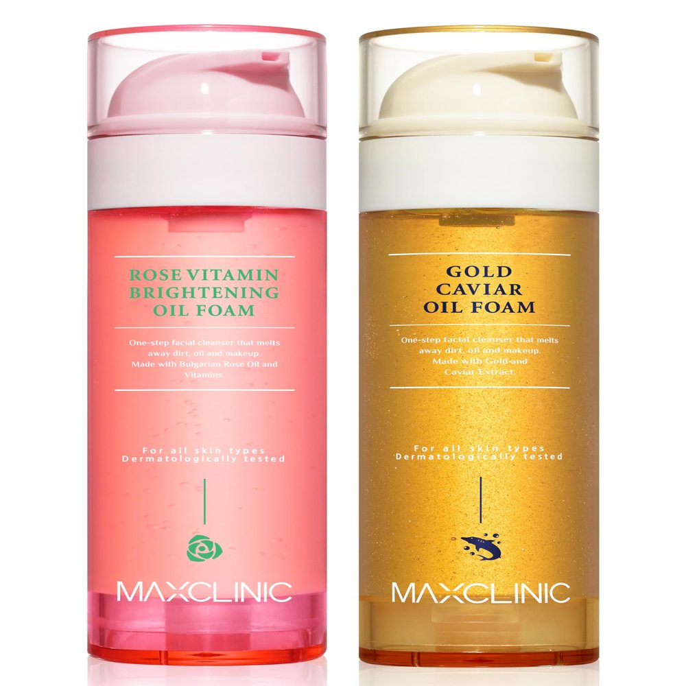 MAXCLINIC [K-Beauty] Rose Vitamin + Gold Caviar Oil Foam Gift Set | Daily Face Wash Oil Based Cleanser to Foam | Korean Skin Care Oil Cleanser for Dry Sensitive Skin