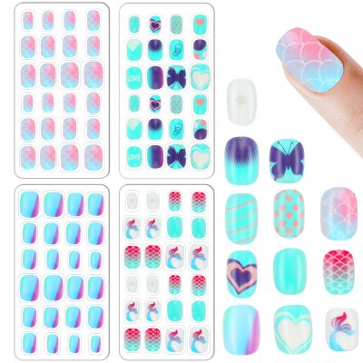 Abeillo 96 Pcs Fake Nail Press on Nails for Girls, Lovely False Nail Tips Pre-glue Full Cover Short Acrylic Gradient Color Nails for Girls Kids Nail Art Decoration(Blue Theme)