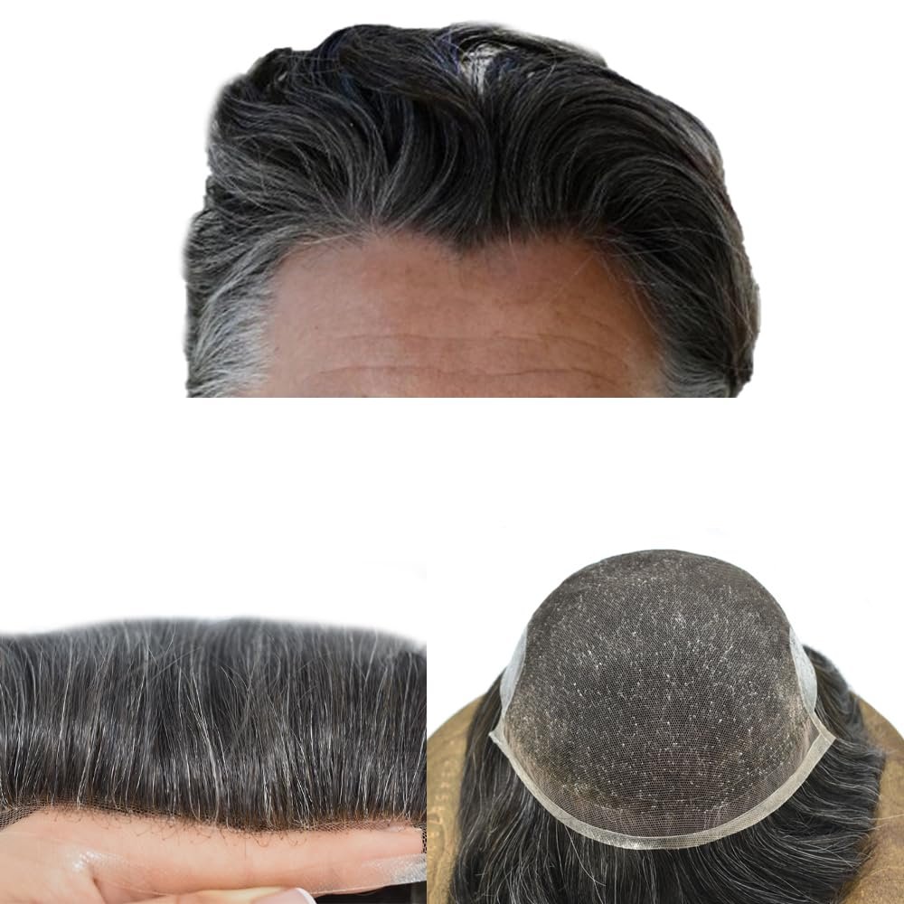 WigVivid Toupee for Men French Lace Mens Human Hair Piece Poly Skin Pu Hair System for Men 7"X9"#1B20 Off Black+20% Gray-100% Density