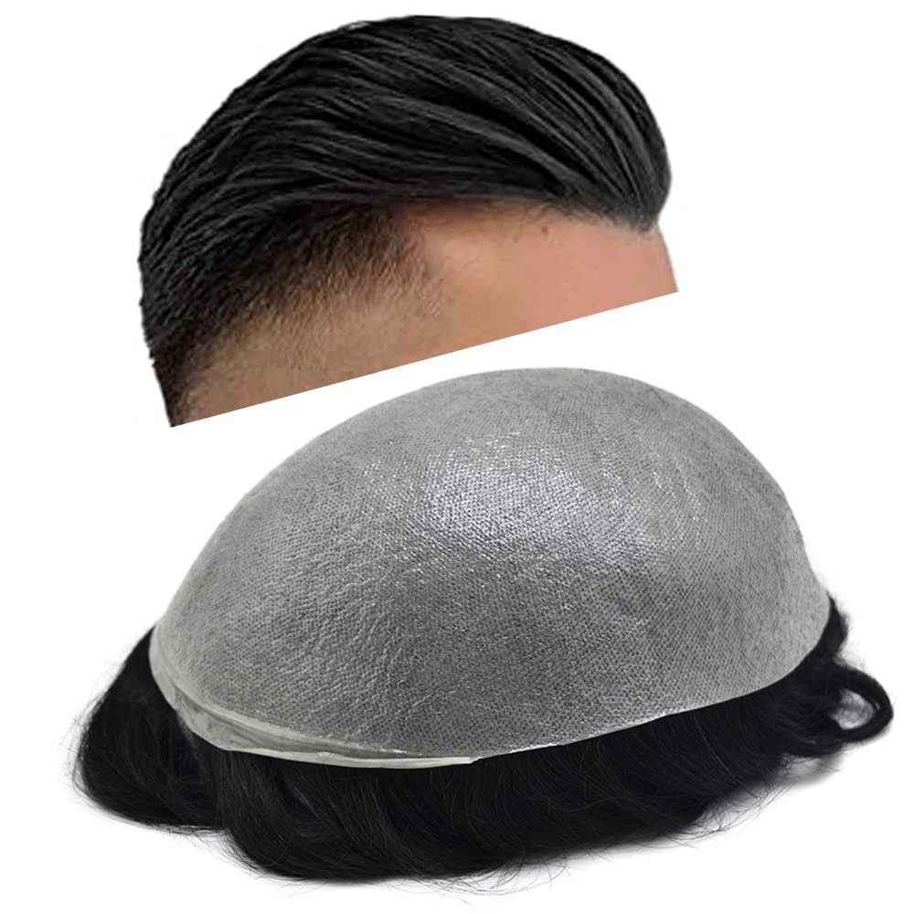 WigVivid Ultra Thin Skin Toupee Hair for Men Real Human Hair Piece All V-looped 0.06mm Hair Replacement System Mens Toupee#1B40 Natural Black+40% Gray-100% Density