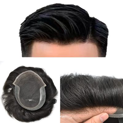 WigVivid Toupee for Men French Lace Mens Human Hair Piece Poly Skin Pu Hair System for Men 8"X10" #1B40 Off Black+40% Gray-100% Density