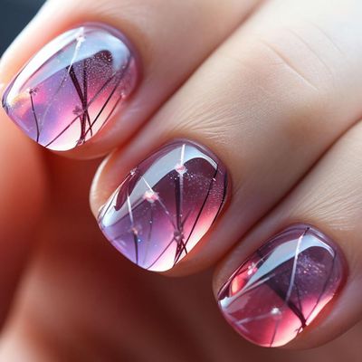 24Pcs Short Press On Gradient Fake Nails - Square False Nails with Halo Dyed Lines Designs - Acrylic Nails Full Cover Glue On Reusable Artificial Stick On Nails for Women & Girls