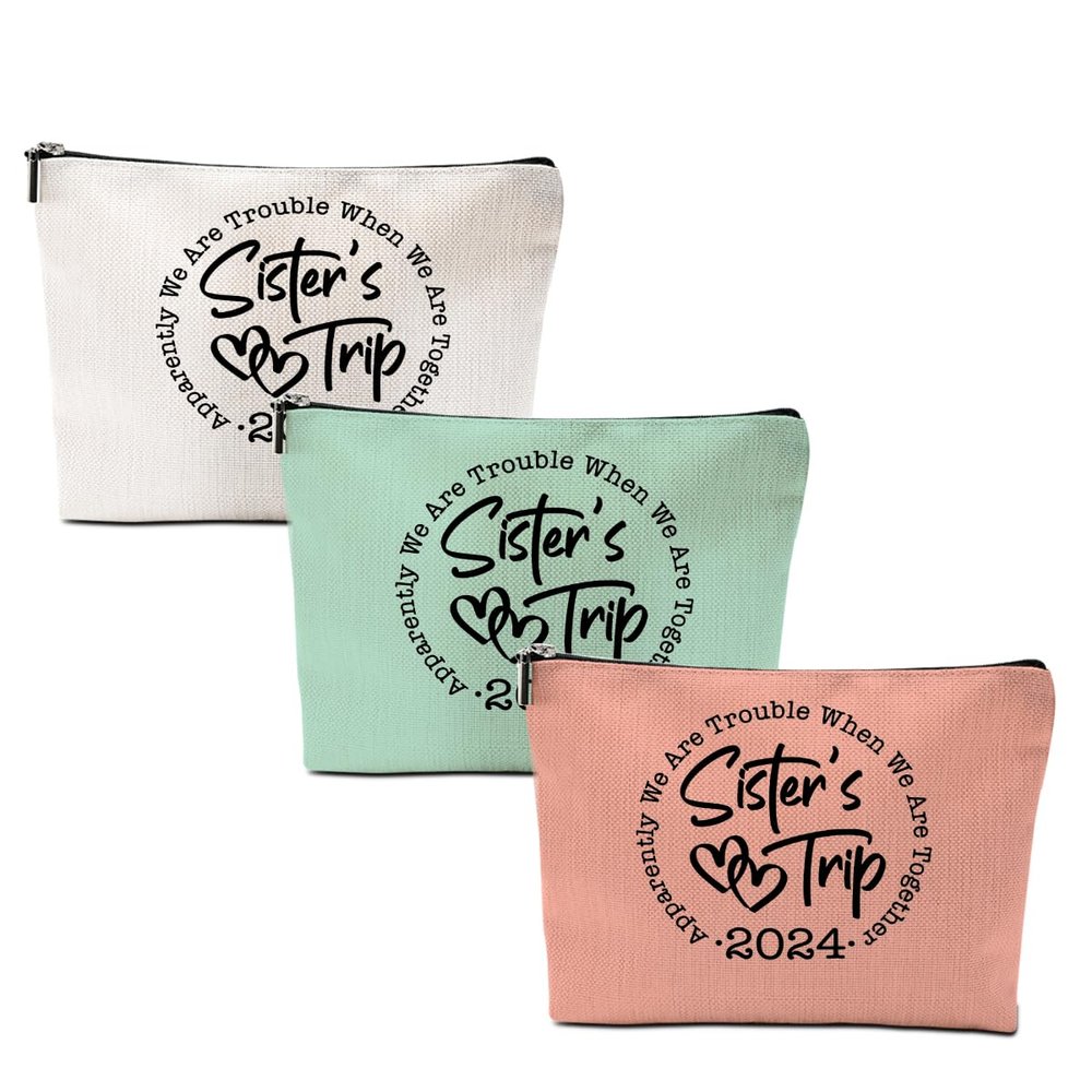 3 Pcs Sister Trip 2024 Makeup Bag Funny Girls Trip Gifts Favors Girls Weekend Sister Gifts Weekender Bag Birthday Christmas Cosmetic Bag Bachelorette Party Friendship Gifts for Women Bridal BFF