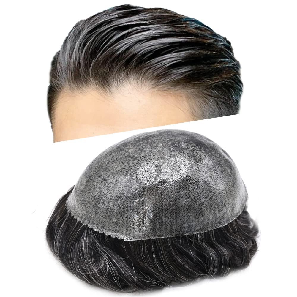Toupee for Men Hair Piece Real Human Hair Full Poly Skin Mens Toupee Men Hair System Hair Replacement Systems for Men Invisible Hair Pieces for Men #1B20 1B# OFF BLACK+20% GREY 6x9