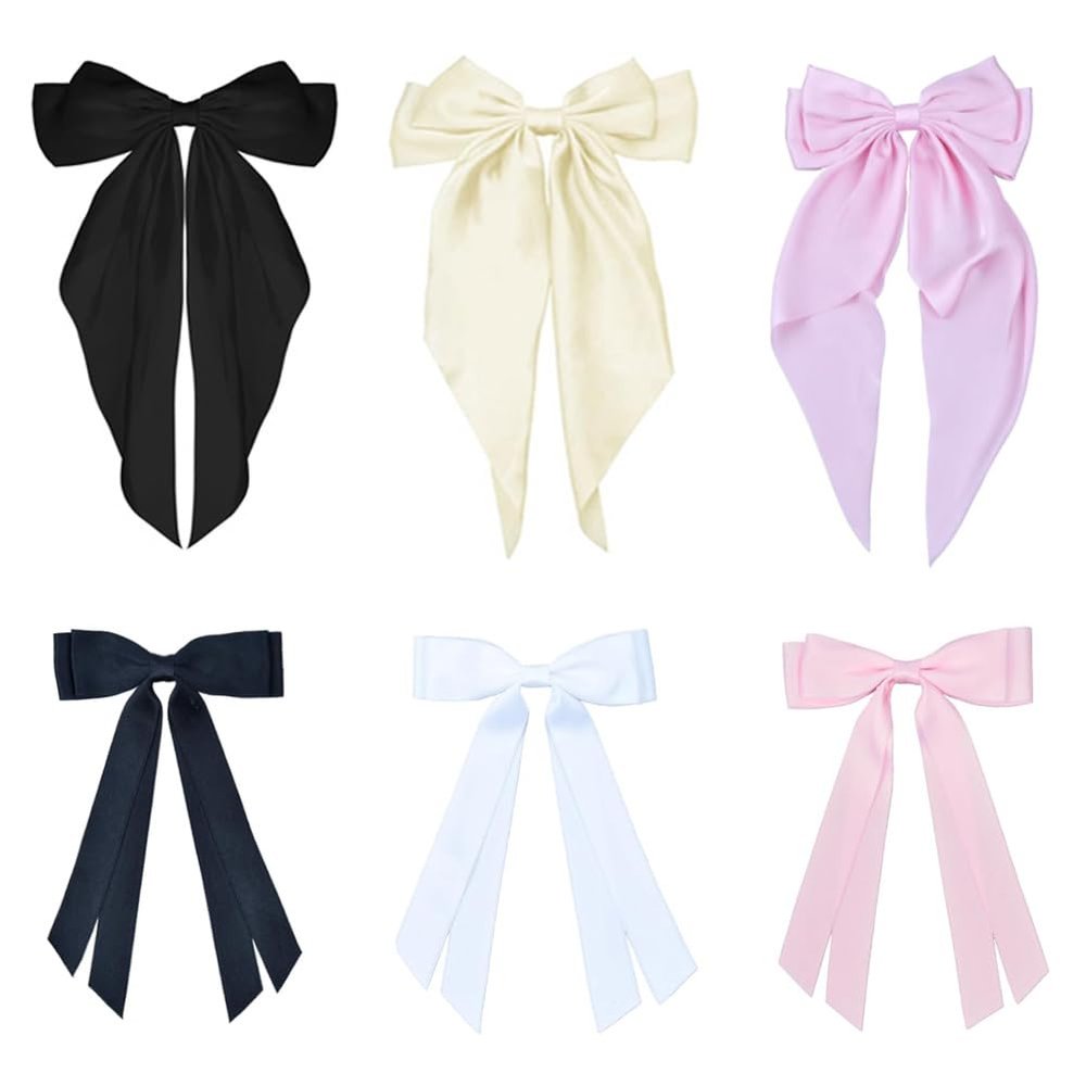 Hair Bows for Women Hair Bow Clips Bow Hair Ribbons for Women, 3Pcs Big Bow Hair Clips Oversized Long Tail Vintage Hair Bows Hair Accessories for Women (6 Pack/Black+Beige+Pink)
