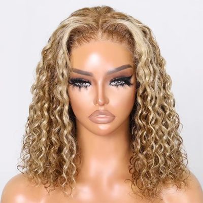 oulaer Water Wave Bob Honey Blonde Human Hair Wig 13x6 HD Transparent Lace Front Wig #27/613 Color Short Bob Brazilian Remy Human Hair Glueless Wigs with Baby Hair Bleached Knots 150% Density 18inch