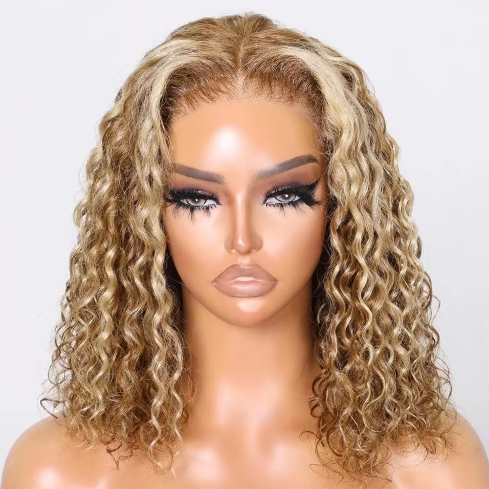 oulaer Water Wave Bob Honey Blonde Human Hair Wig 13x6 HD Transparent Lace Front Wig #27/613 Color Short Bob Brazilian Remy Human Hair Glueless Wigs with Baby Hair Bleached Knots 150% Density 18inch