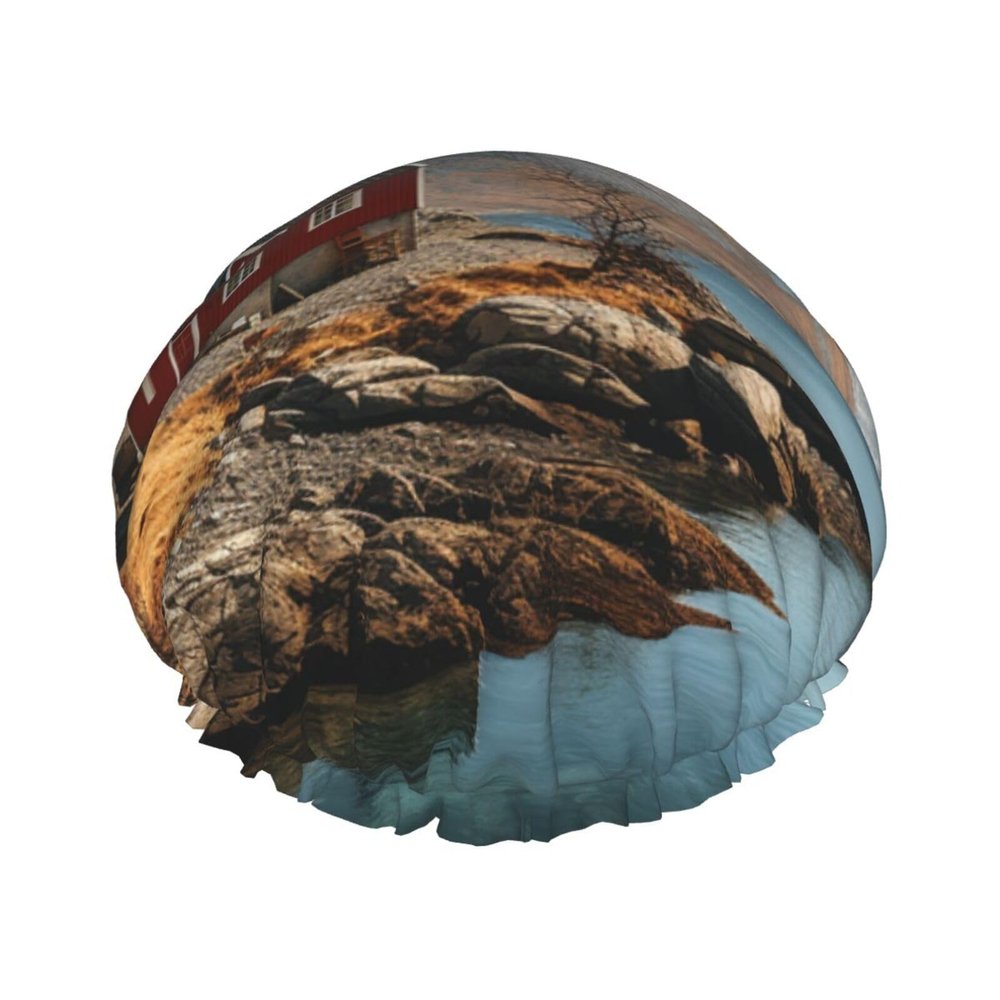 House near Mountains Shower Cap for Women Men Waterproof Hair Cap with Elastic Band Double Layered Bath Caps Reusable Bathing Shower Caps for all Hair Types