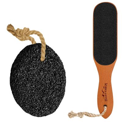 Pumice Stone - Natural Earth Lava Black - Callus/Corn Remover for Feet Heels and Palm & Pumice Stone Foot File -Wooden Pedicure Feet Scrubber with Handle for Callus, Dry, and Dead Skin Removal