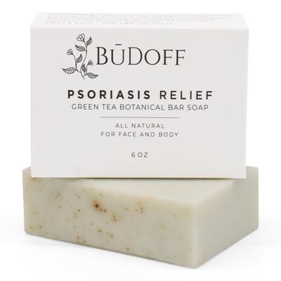 BUDOFF Psoriasis Treatment Relief Body Wash Bar Soap | Soothing Green Tea Botanical and Shea Butter | for Face and Body | Moisturizing 6 Oz Bar Soap | Fine Lines and Blemishes Made in USA