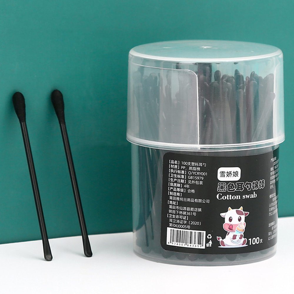GLGIONDUB Ear Spoon Cotton Swab Double Head Makeup Household Disposable Cotton Swab Cleaning Ear Pick 100 Cotton swabs, Black