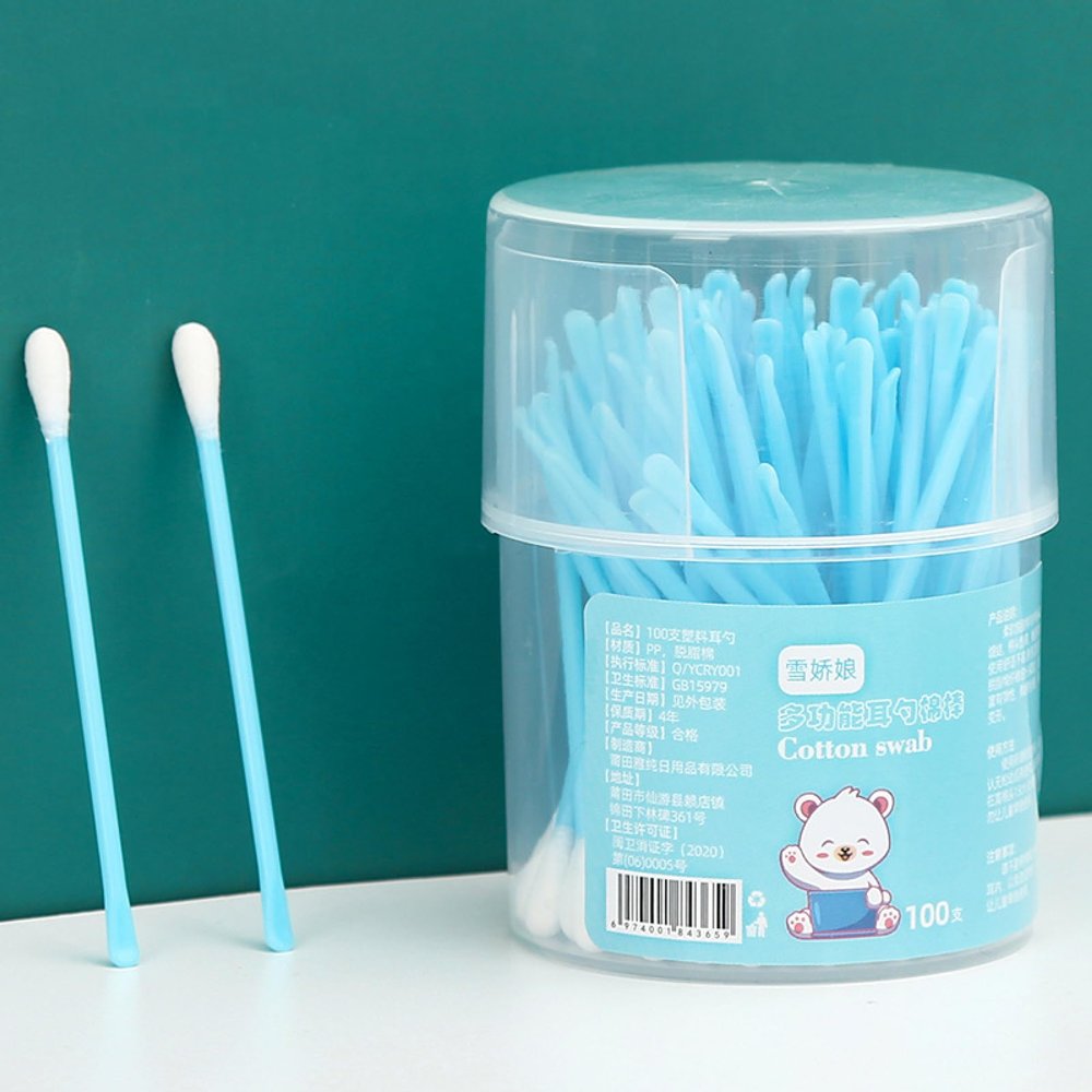 GLGIONDUB Ear Spoon Cotton Swab Double Head Makeup Household Disposable Cotton Swab Cleaning Ear Pick 100 Cotton swabs, Blue